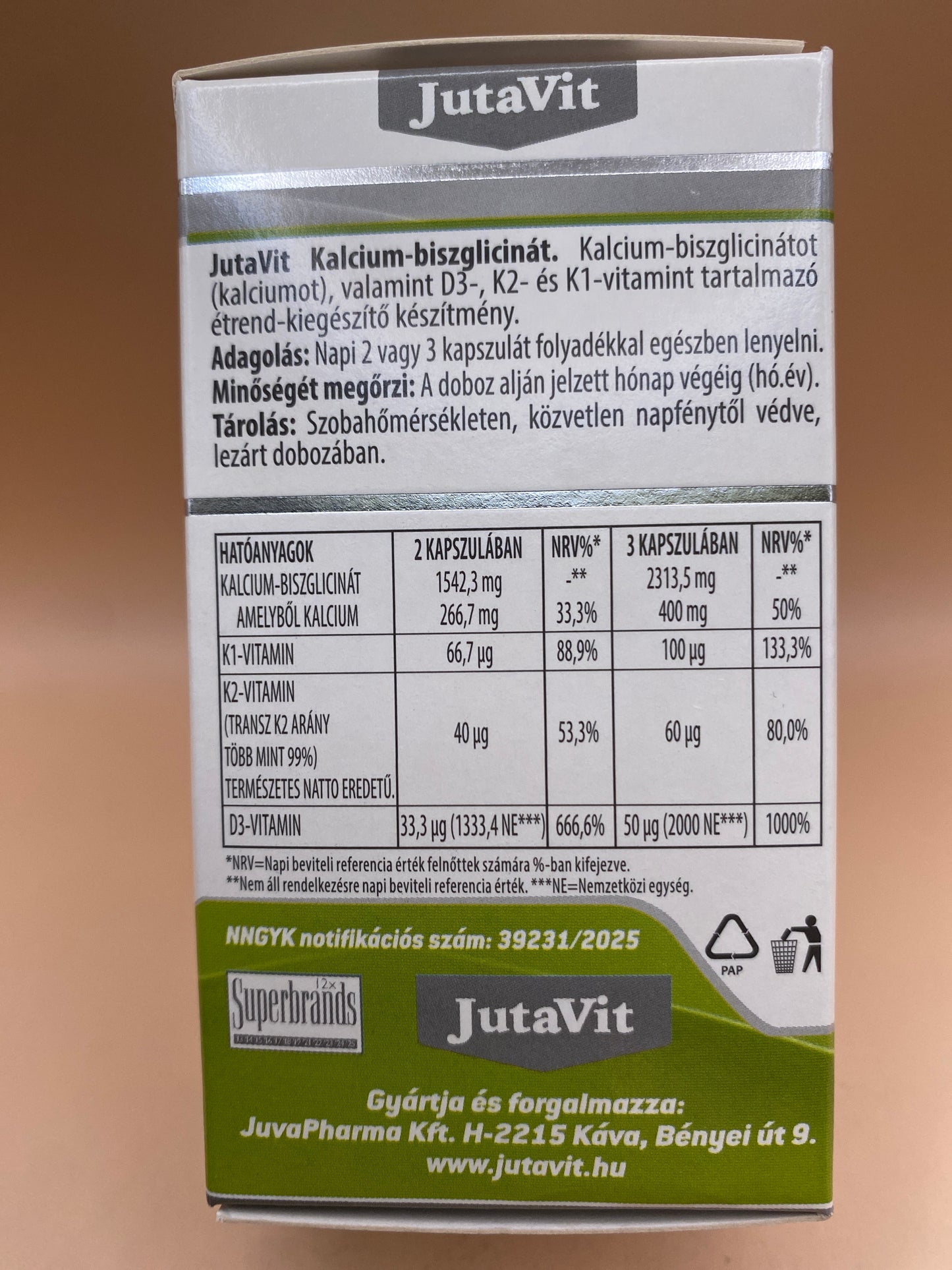 JutaVit Kalcium Biszglicinát Reacted + D3+K2+K1-vitamin 60 darab kapszula