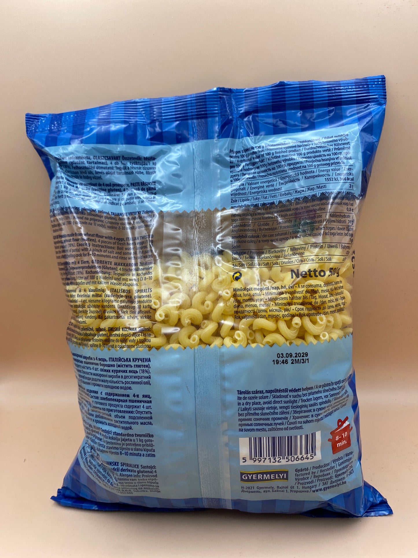 Gyermelyi 4 tojásos száraztészta Olaszcsavart 500g