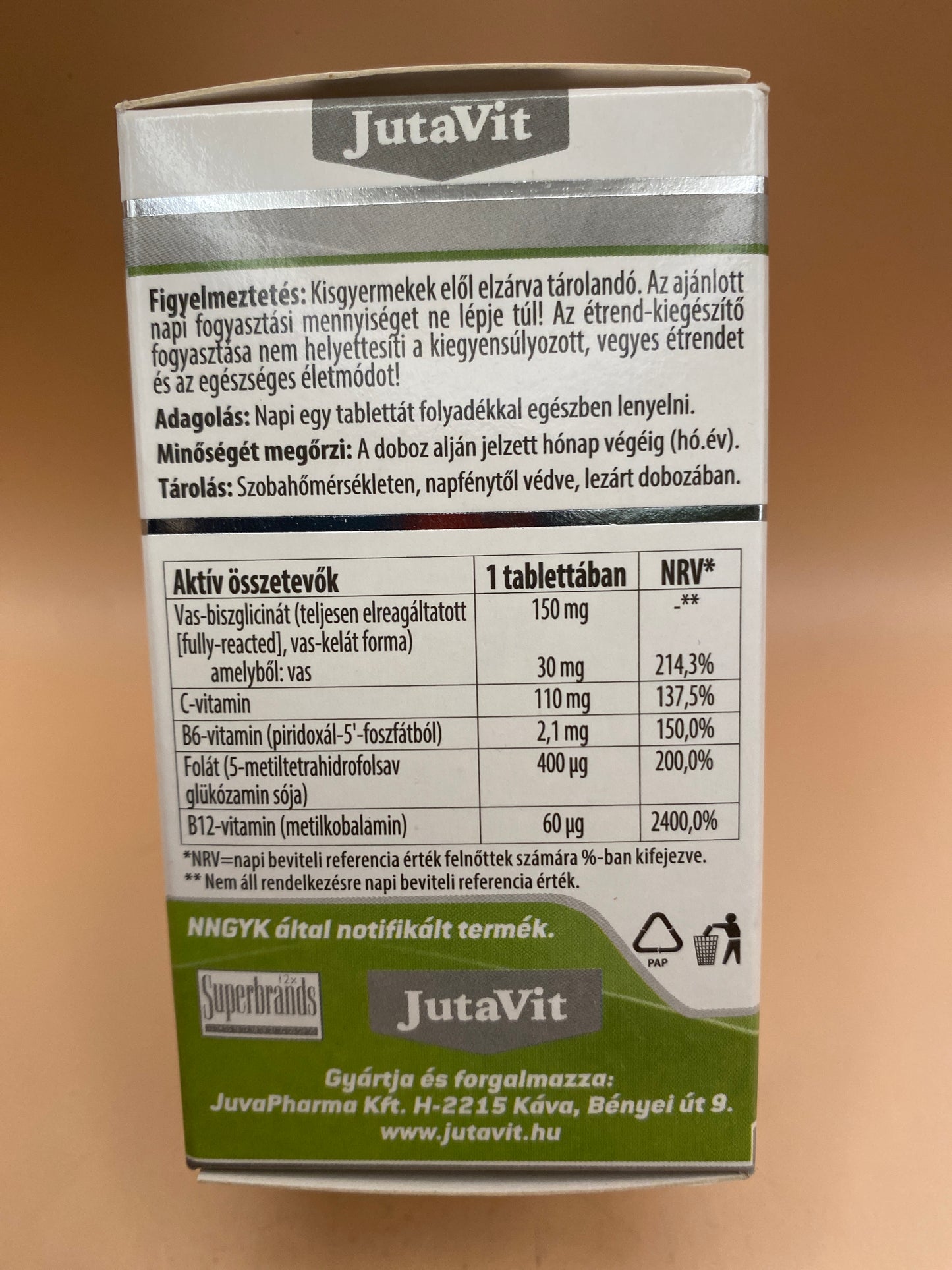JutaVit Vas Biszglicinát Reacted 60 darab filmtabletta 100% kelát forma vas + C,B6,B12 vitamin és folát