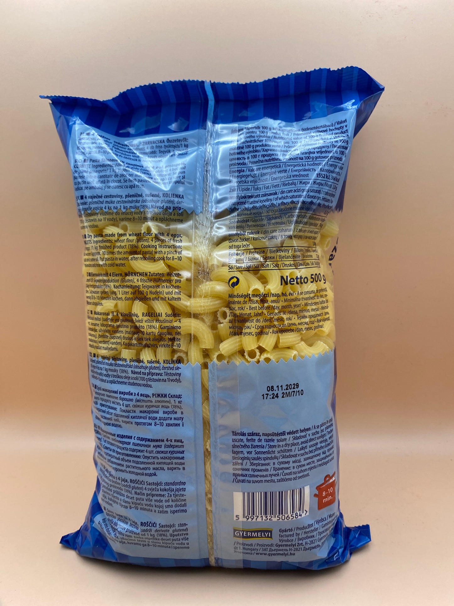 Gyermelyi 4 tojásos száraztészta Szarvacska 500g