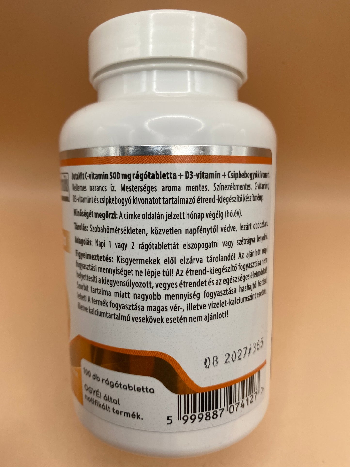 JutaVit C-vitamin 500 mg rágótabletta + D3-vitamin + Csipkebogyó kivonat. Narancs ízű 100 darab