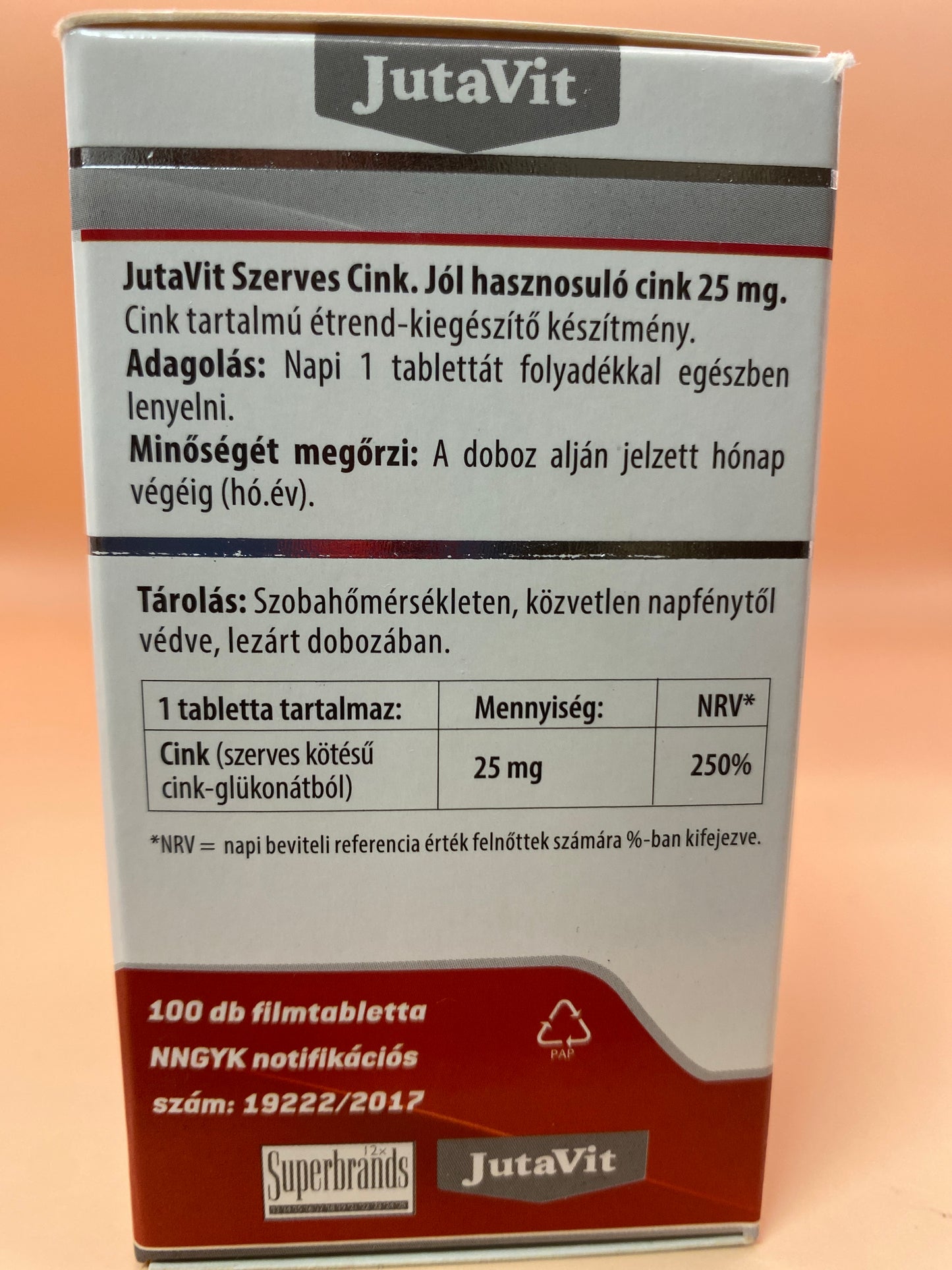 JutaVit Szerves Cink 25mg 100 darab filmtabletta