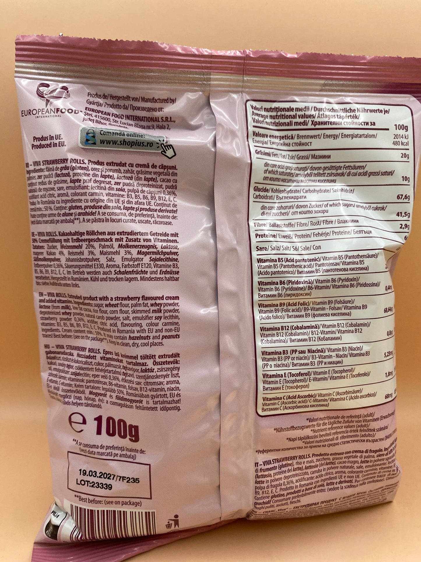 Viva Rolls Epres ízű krémmel töltött gabonarudacska 100g