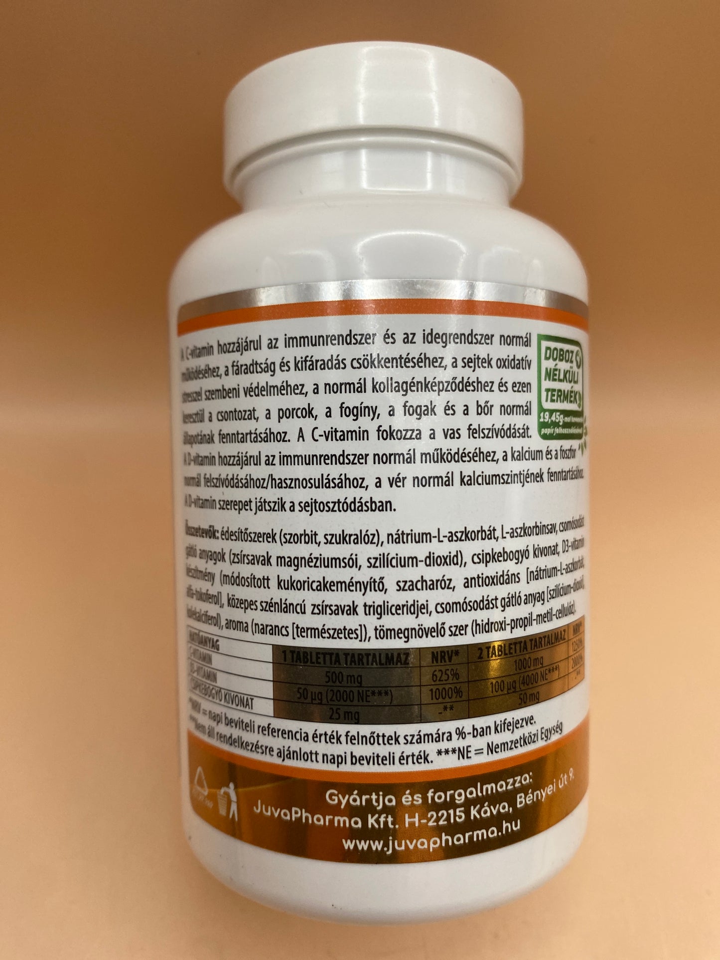 JutaVit C-vitamin 500 mg rágótabletta + D3-vitamin + Csipkebogyó kivonat. Narancs ízű 100 darab