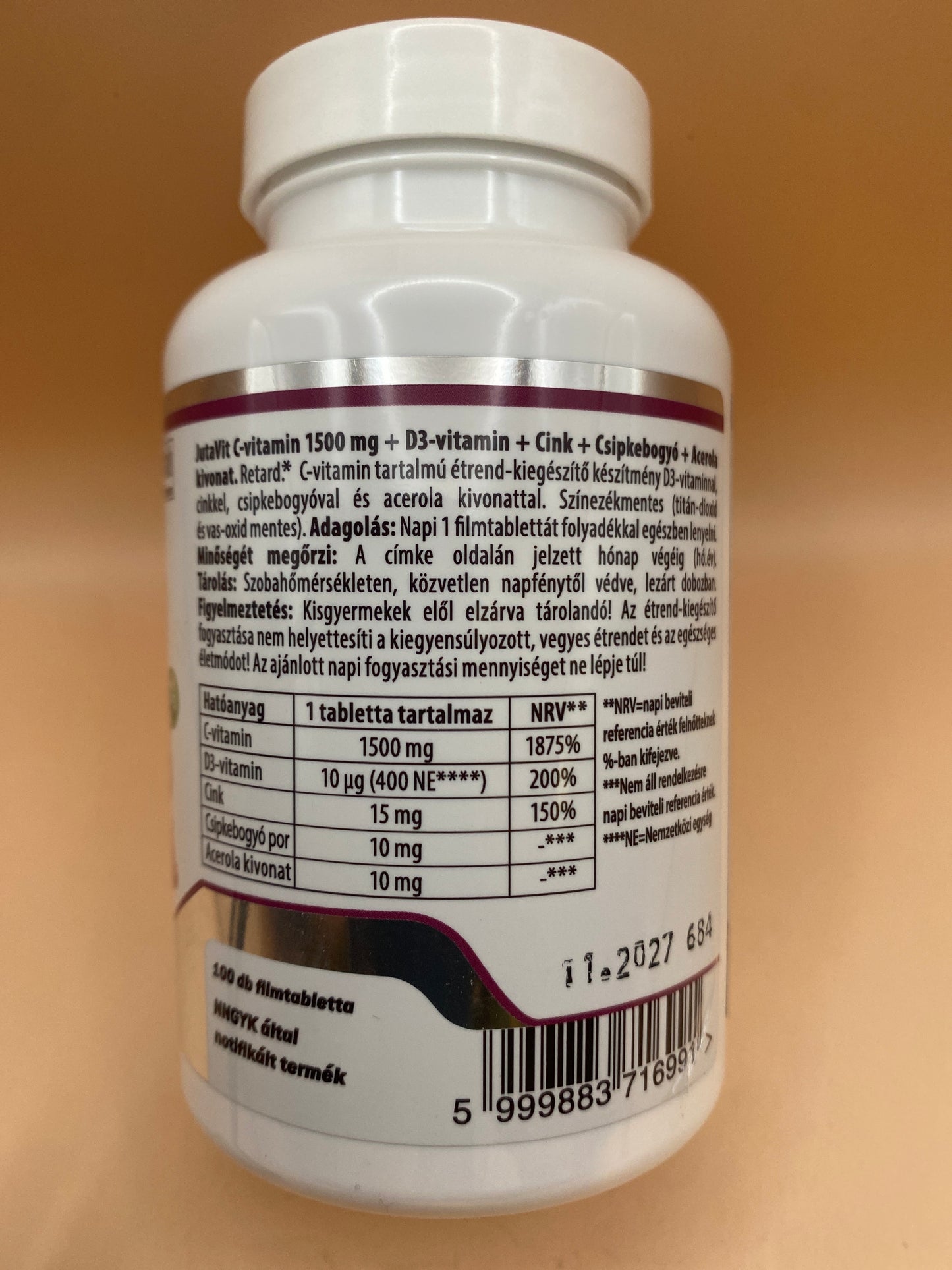JutaVit C-vitamin 1500 mg + D3 + Cink + Csipkebogyó + Acerola kivonat Retard formula 100 darab filmtabletta