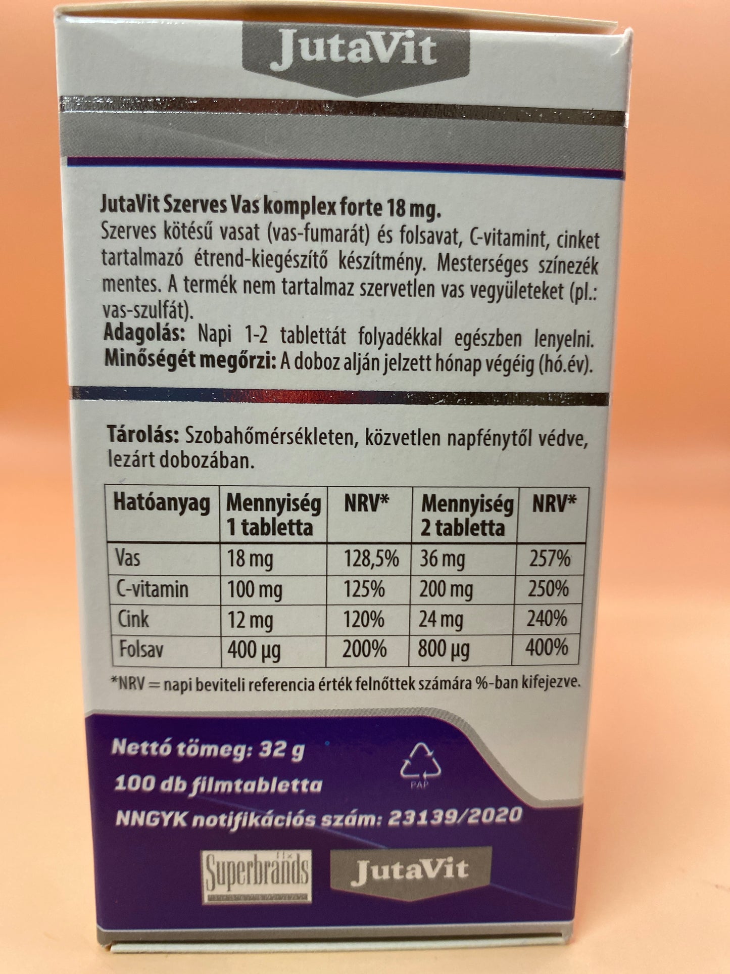 JutaVit Szerves Vas Komplex forte vas 18mg + folsav + cink + C-vitamin 100 darab filmtabletta