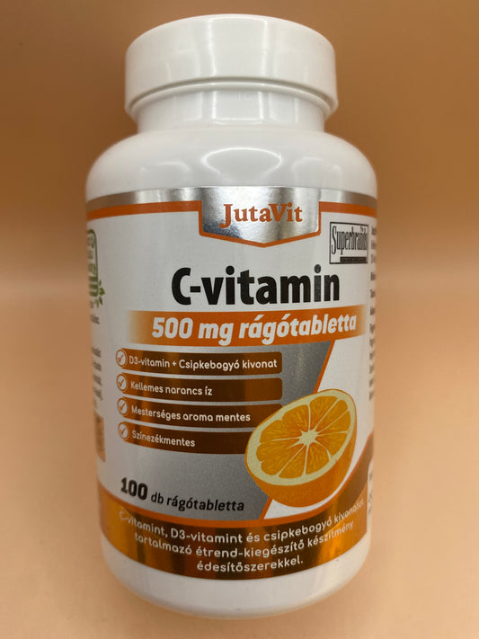 JutaVit C-vitamin 500 mg rágótabletta + D3-vitamin + Csipkebogyó kivonat. Narancs ízű 100 darab