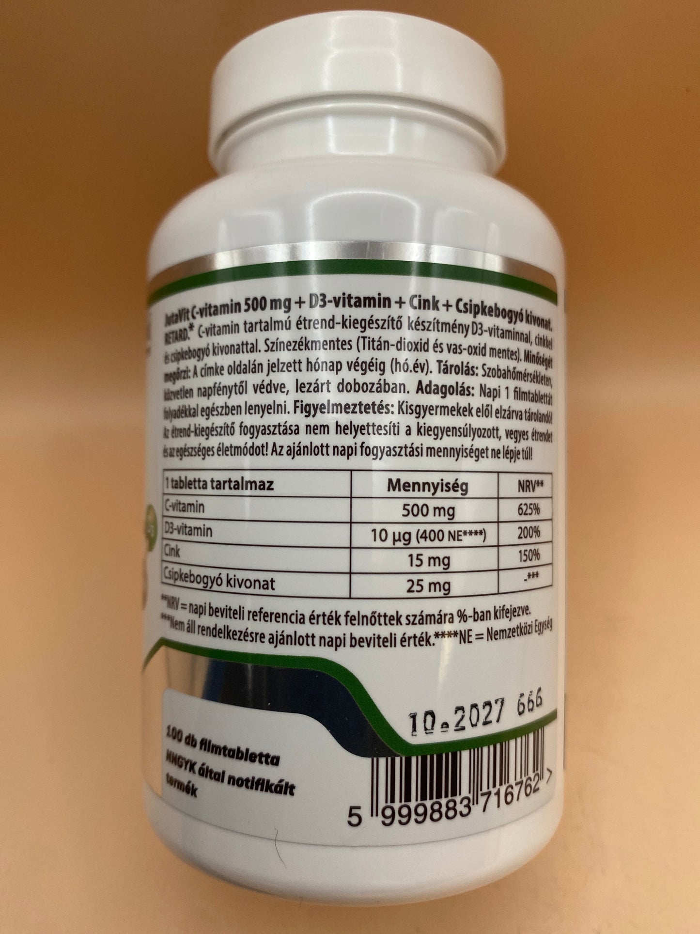 JutaVit C-vitamin 500 mg + D3-vitamin + Cink + Csipkebogyó kivonat Retard formula 100 darab filmtabletta