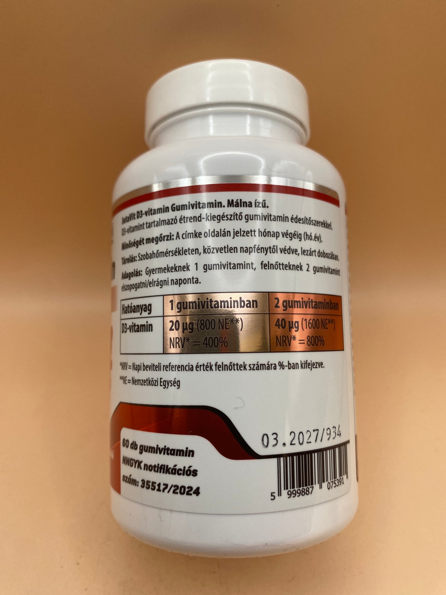 JutaVit Gumivitamin D3-vitamin gyermekeknek és felnőtteknek. Málna ízű 60 darab gumivitamin