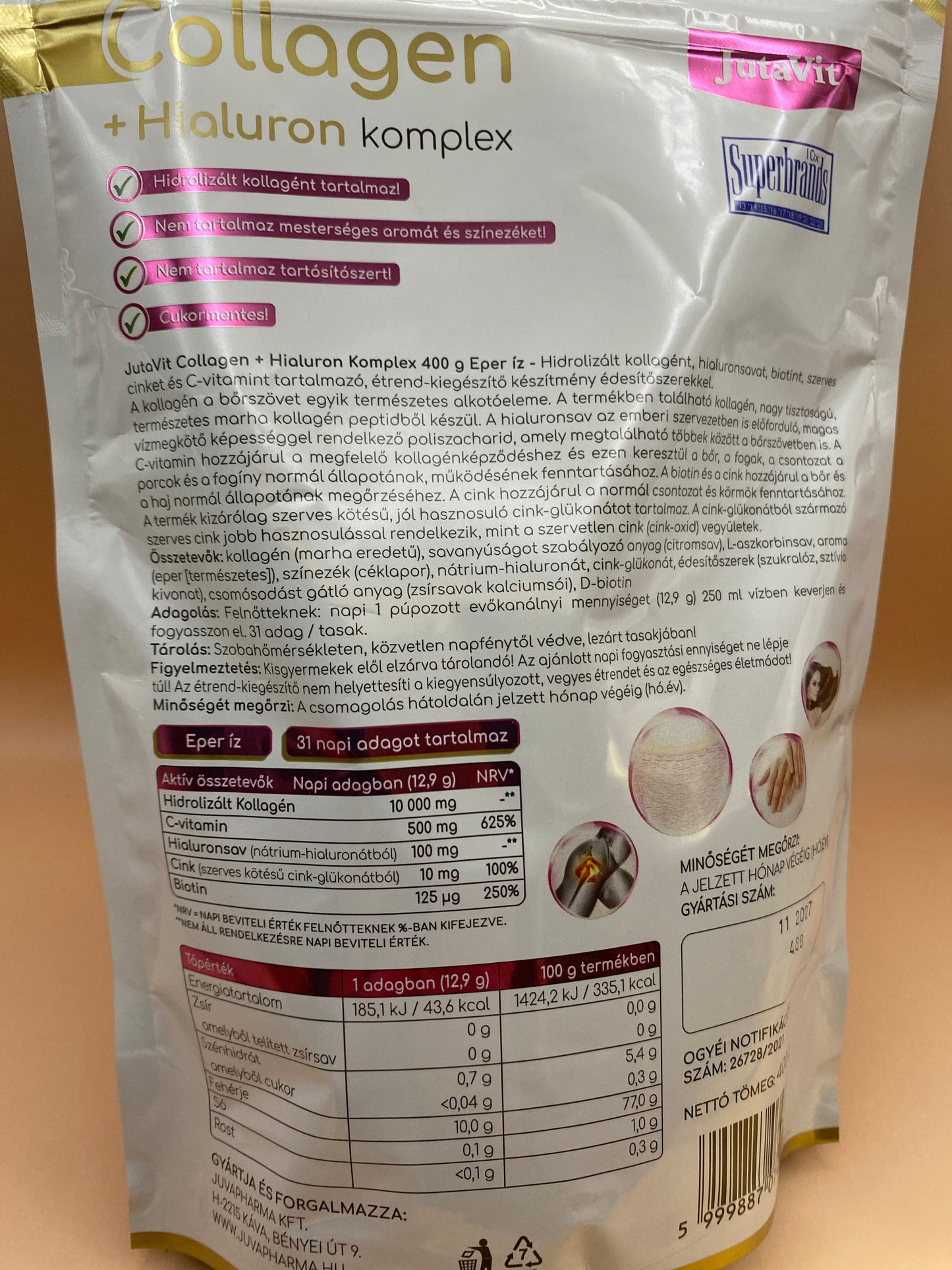 JutaVit Collagen + hialuron komplex 400g Eper íz