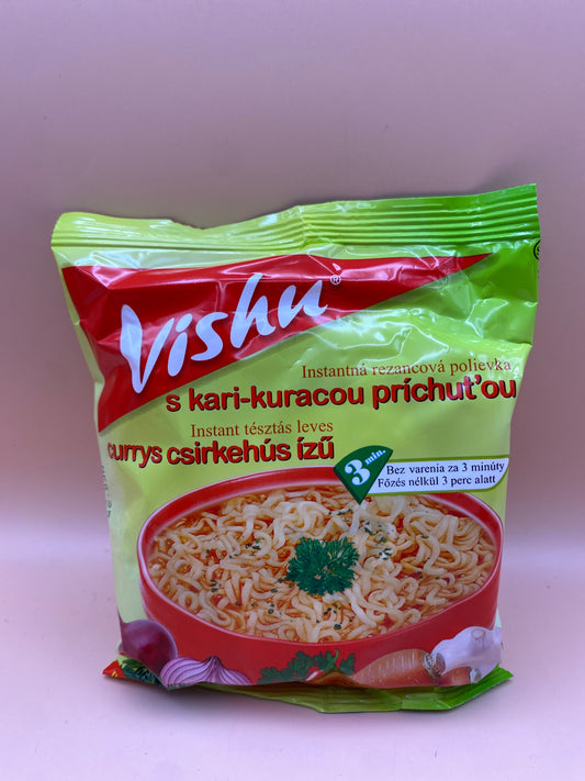 Vishu instant tésztás leves 60g.  Currys csirkehús ízű